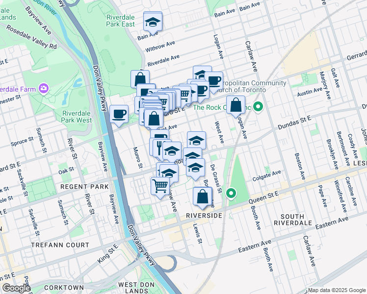 map of restaurants, bars, coffee shops, grocery stores, and more near in Toronto