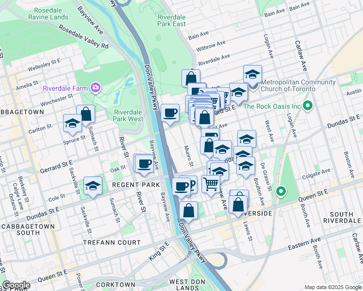 map of restaurants, bars, coffee shops, grocery stores, and more near in Toronto