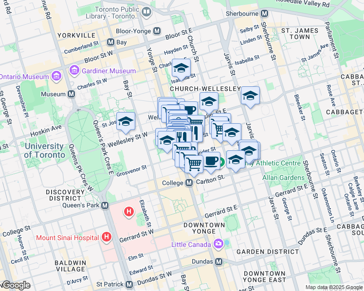 map of restaurants, bars, coffee shops, grocery stores, and more near 479 Yonge Street in Toronto