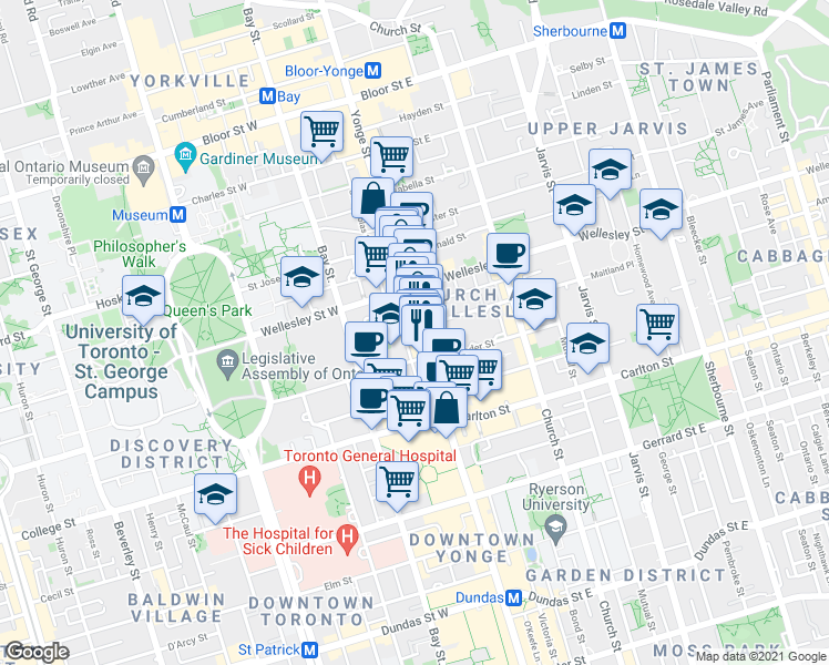 map of restaurants, bars, coffee shops, grocery stores, and more near 500 Yonge Street in Toronto