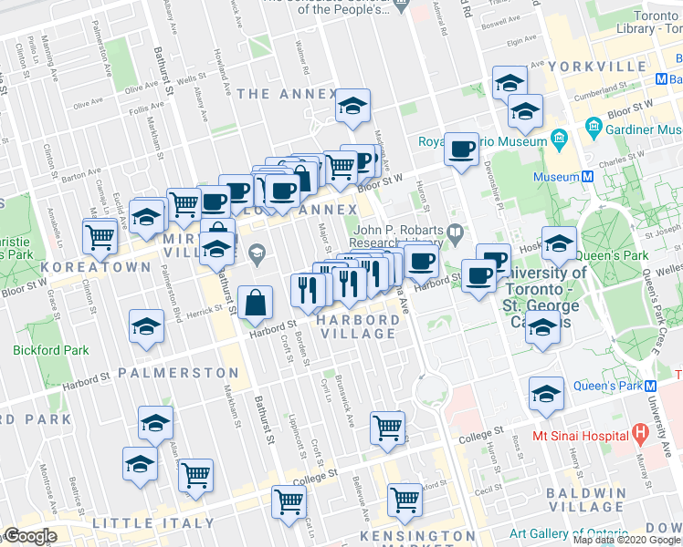 map of restaurants, bars, coffee shops, grocery stores, and more near in Toronto