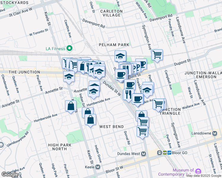 map of restaurants, bars, coffee shops, grocery stores, and more near in Toronto