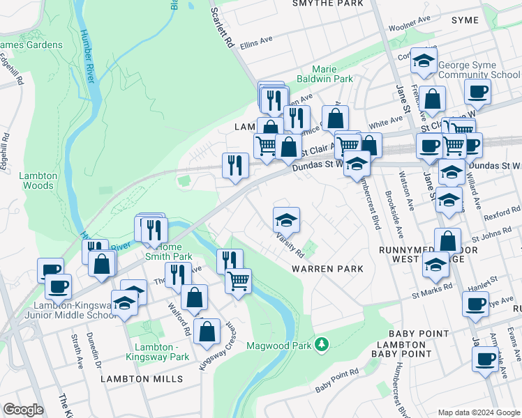 map of restaurants, bars, coffee shops, grocery stores, and more near in Toronto