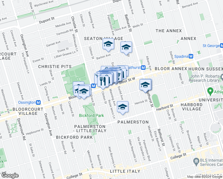 map of restaurants, bars, coffee shops, grocery stores, and more near 653 Manning Avenue in Toronto