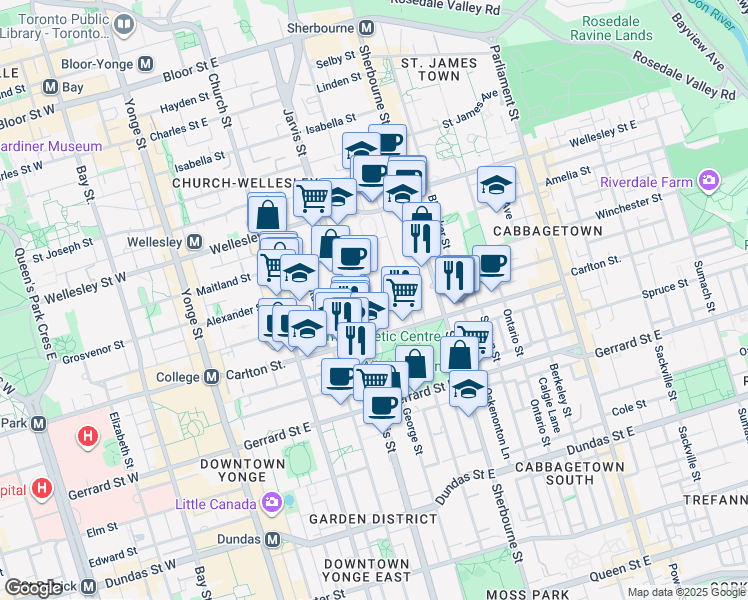 map of restaurants, bars, coffee shops, grocery stores, and more near 415 Jarvis Street in Toronto