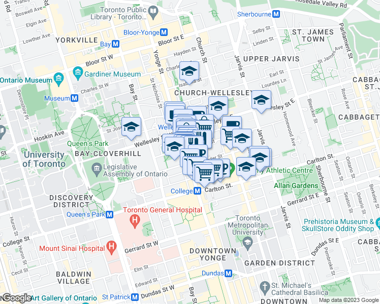 map of restaurants, bars, coffee shops, grocery stores, and more near 8 Alexander Street in Toronto