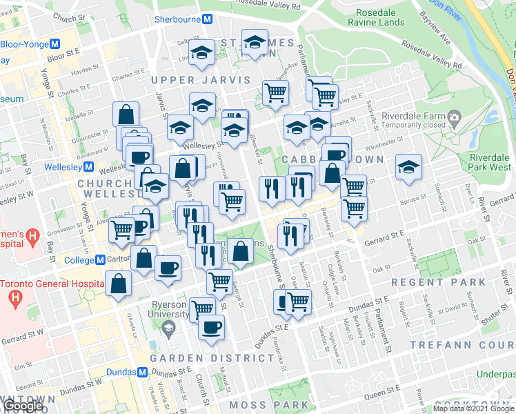 map of restaurants, bars, coffee shops, grocery stores, and more near 392 Sherbourne Street in Toronto