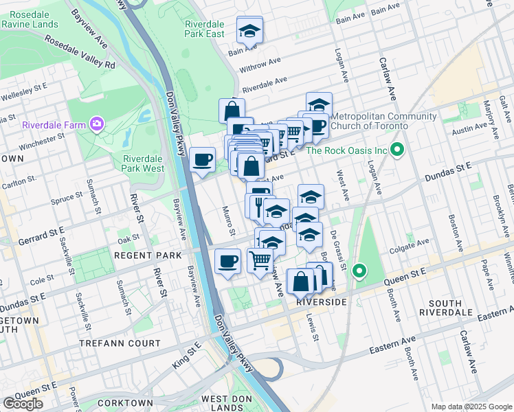 map of restaurants, bars, coffee shops, grocery stores, and more near 275 Broadview Avenue in Toronto