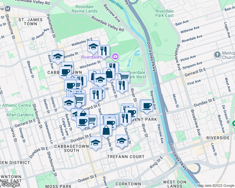 map of restaurants, bars, coffee shops, grocery stores, and more near 289 Sumach Street in Toronto