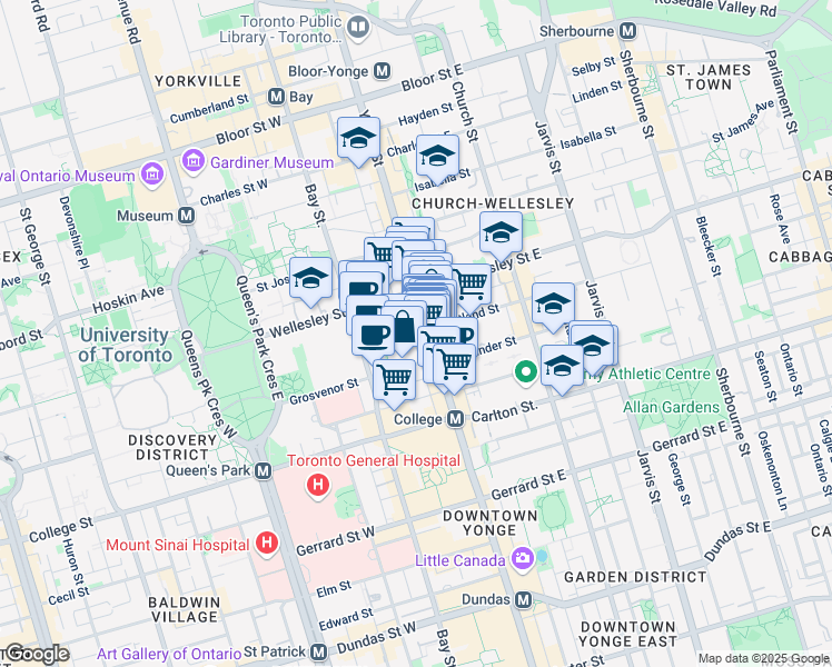 map of restaurants, bars, coffee shops, grocery stores, and more near 7 Breadalbane Street in Toronto