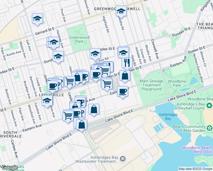 map of restaurants, bars, coffee shops, grocery stores, and more near 16 Minto Street in Toronto