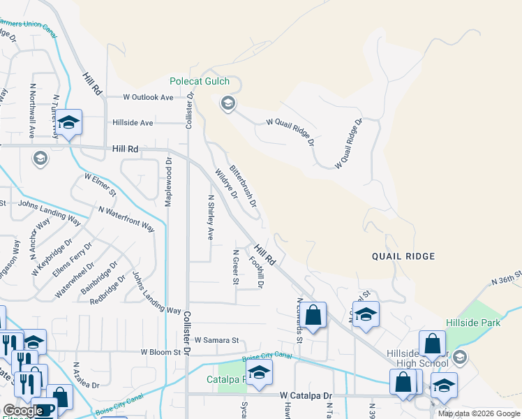 map of restaurants, bars, coffee shops, grocery stores, and more near 4790 Bitterbrush Drive in Boise