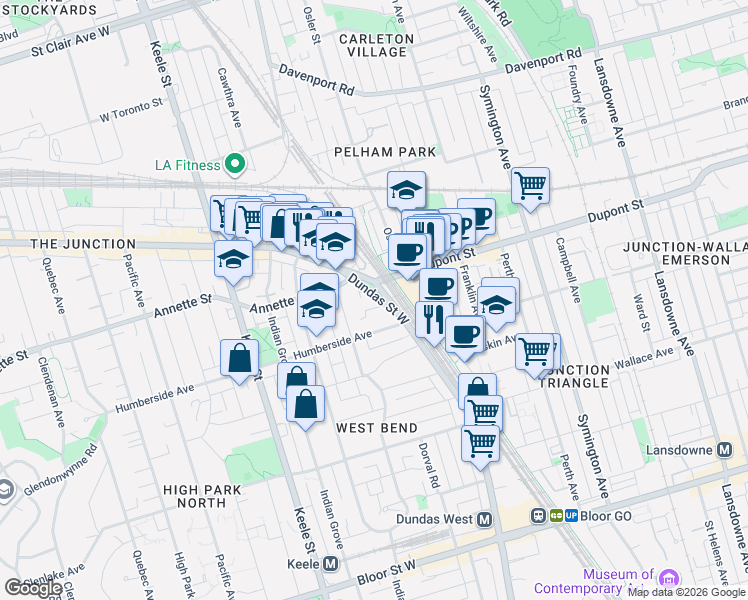 map of restaurants, bars, coffee shops, grocery stores, and more near 2625 Dundas Street West in Toronto