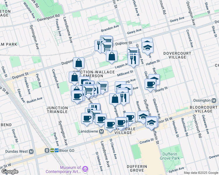 map of restaurants, bars, coffee shops, grocery stores, and more near 103 Armstrong Avenue in Toronto