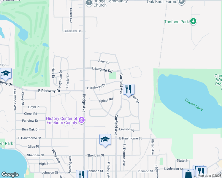 map of restaurants, bars, coffee shops, grocery stores, and more near 1017 Crestview Road in Albert Lea