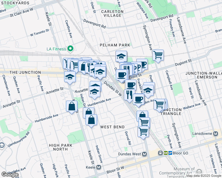 map of restaurants, bars, coffee shops, grocery stores, and more near 2625 Dundas Street West in Toronto