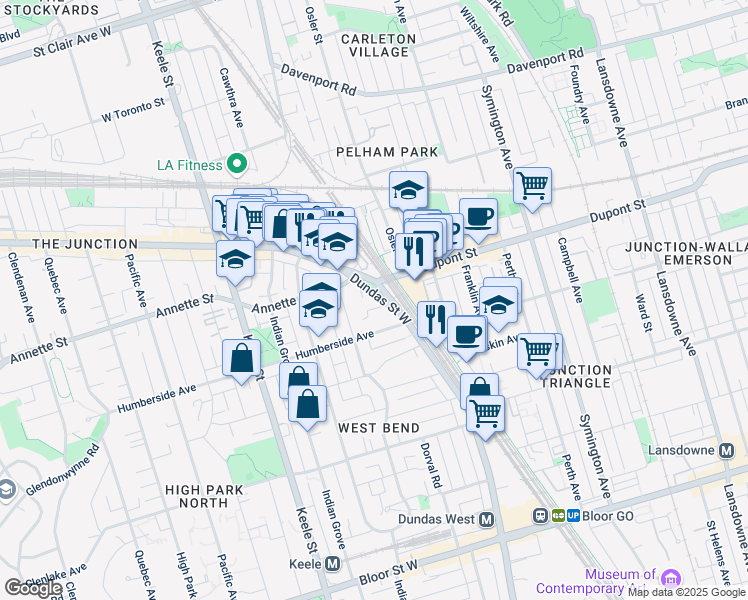 map of restaurants, bars, coffee shops, grocery stores, and more near 2625 Dundas Street West in Toronto