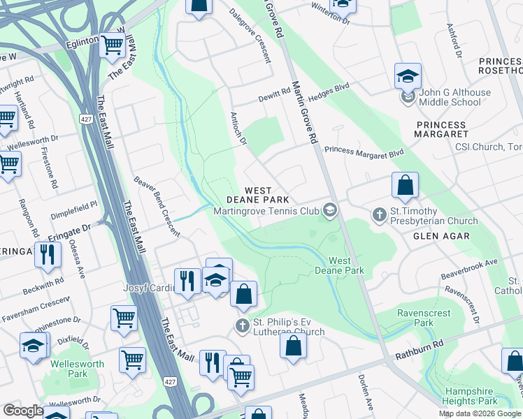 map of restaurants, bars, coffee shops, grocery stores, and more near 21 Puckeridge Crescent in Toronto