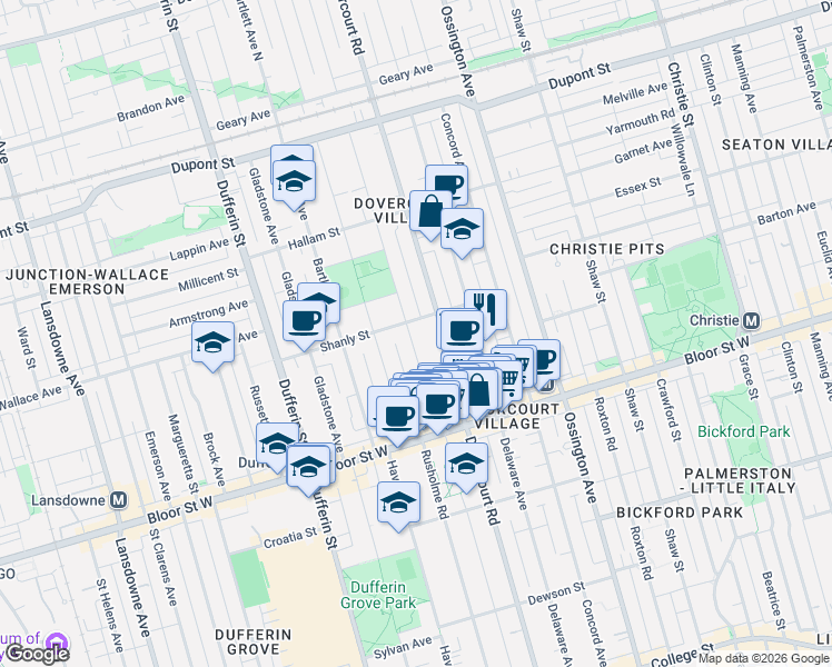 map of restaurants, bars, coffee shops, grocery stores, and more near 107 Westmoreland Avenue in Toronto