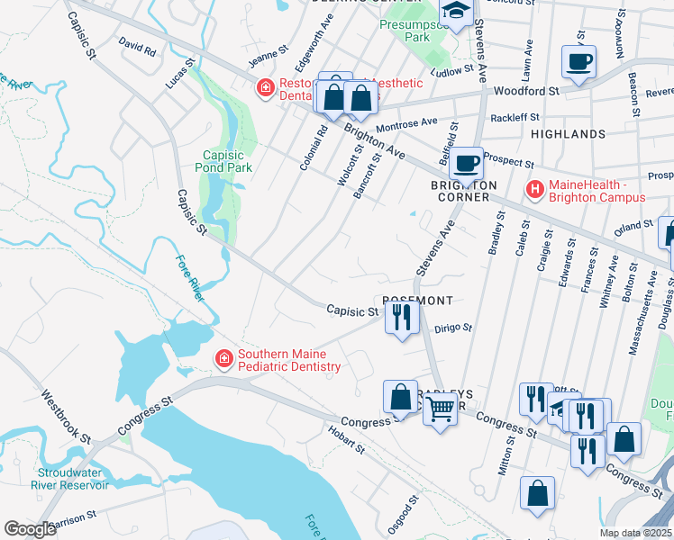 map of restaurants, bars, coffee shops, grocery stores, and more near 38 Redlon Park Road in Portland