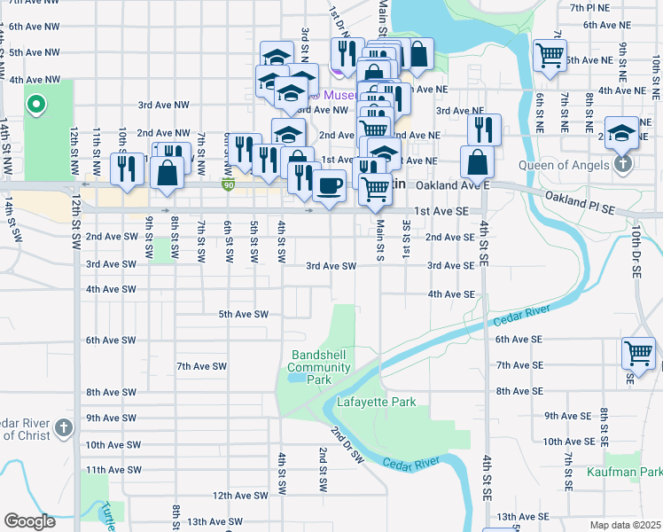map of restaurants, bars, coffee shops, grocery stores, and more near 400 2nd Street Southwest in Austin