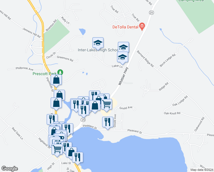map of restaurants, bars, coffee shops, grocery stores, and more near 3 Abbey Lane in Meredith