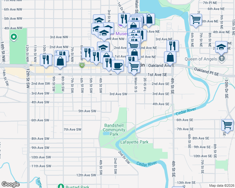 map of restaurants, bars, coffee shops, grocery stores, and more near 310 3rd Ave SW in Austin