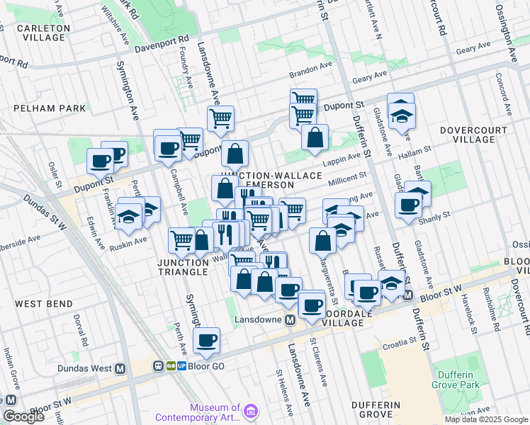map of restaurants, bars, coffee shops, grocery stores, and more near 614 Saint Clarens Avenue in Toronto