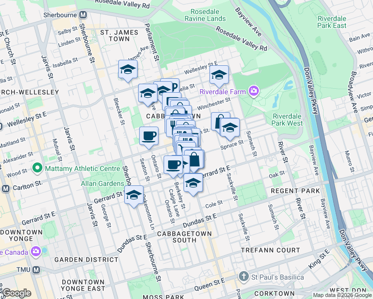 map of restaurants, bars, coffee shops, grocery stores, and more near 461 Parliament Street in Toronto