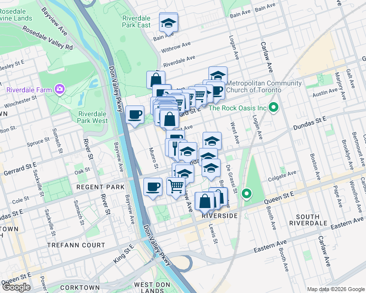 map of restaurants, bars, coffee shops, grocery stores, and more near in Toronto