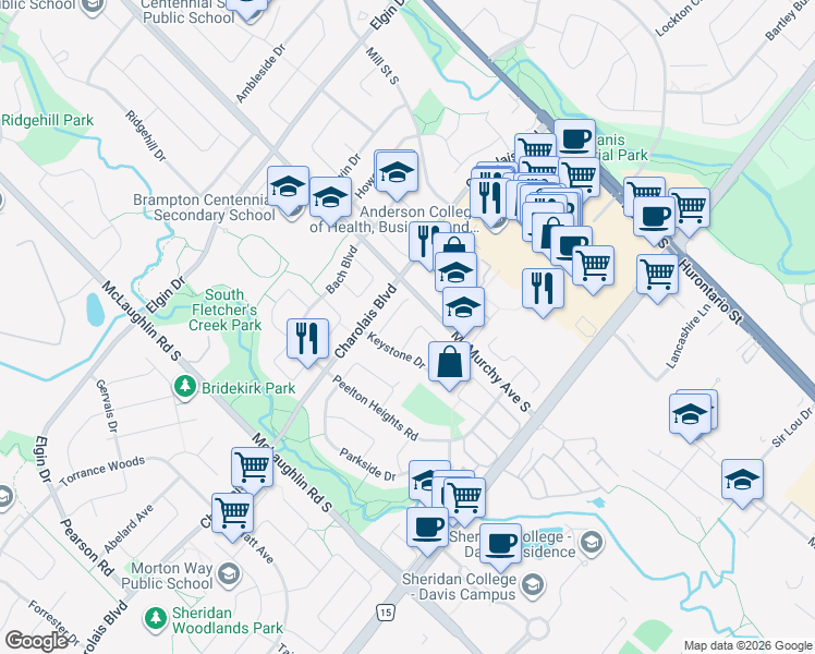 map of restaurants, bars, coffee shops, grocery stores, and more near 34 Smithers Crescent in Brampton