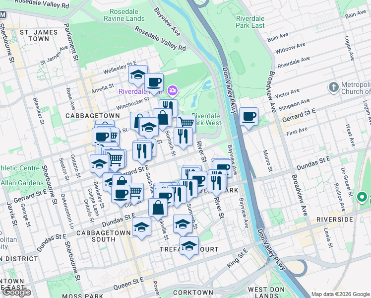 map of restaurants, bars, coffee shops, grocery stores, and more near 10 Sword Street in Toronto