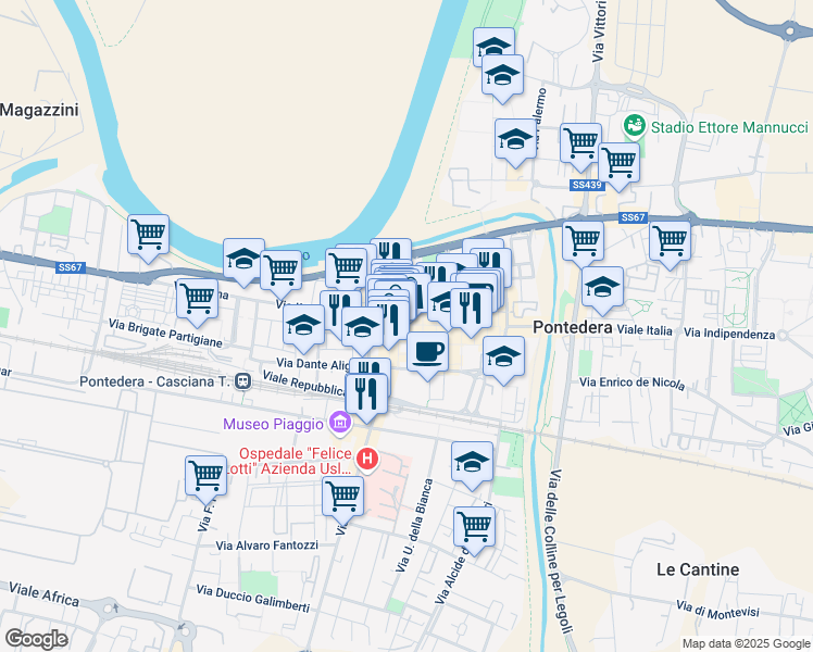 map of restaurants, bars, coffee shops, grocery stores, and more near in Pontedera