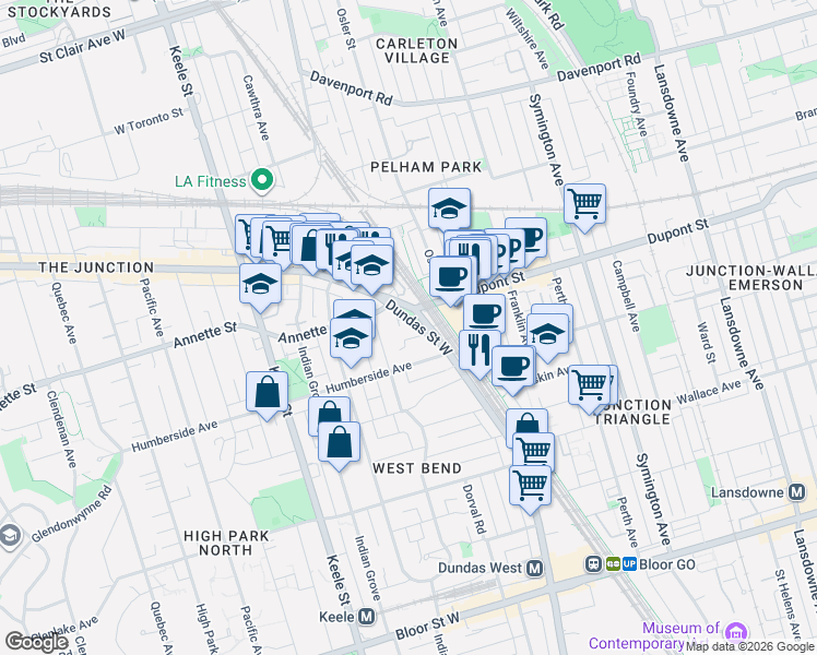 map of restaurants, bars, coffee shops, grocery stores, and more near 2625 Dundas Street West in Toronto