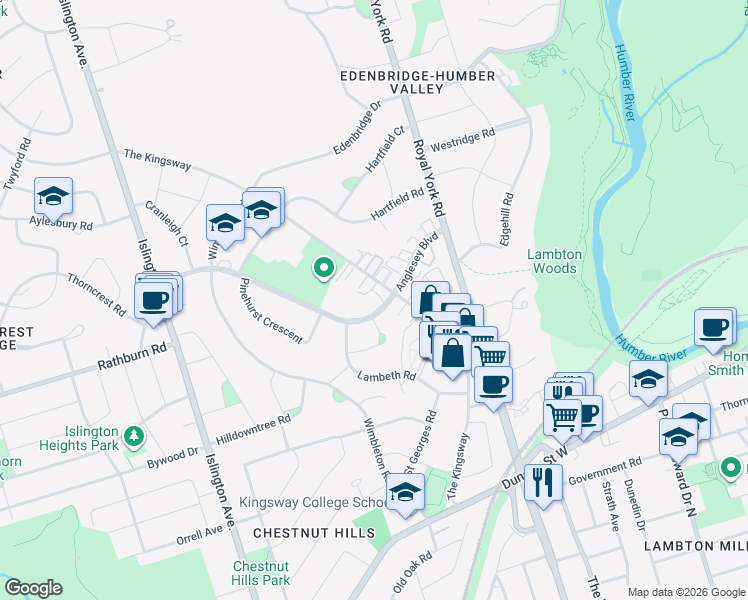 map of restaurants, bars, coffee shops, grocery stores, and more near 30 Anglesey Boulevard in Toronto