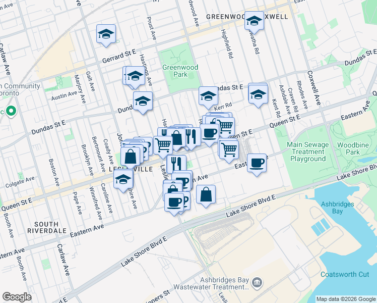map of restaurants, bars, coffee shops, grocery stores, and more near Queen Street East in Toronto
