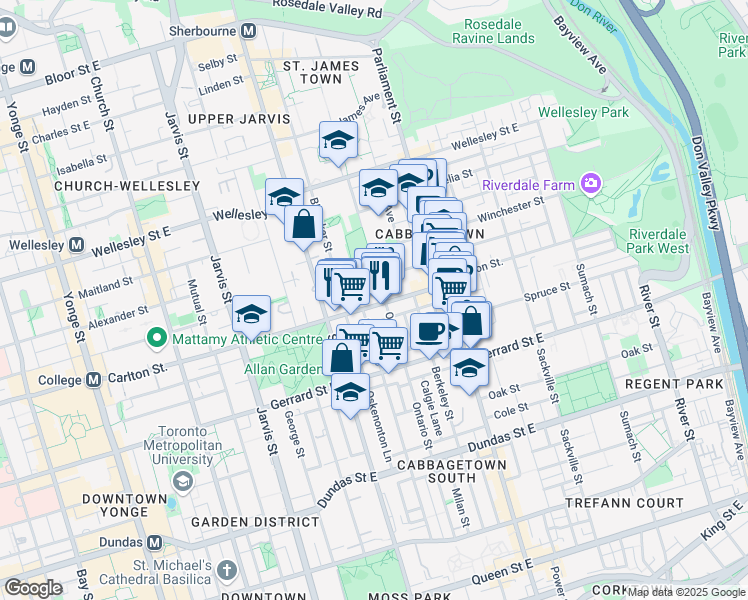 map of restaurants, bars, coffee shops, grocery stores, and more near 194 Carlton Street in Toronto
