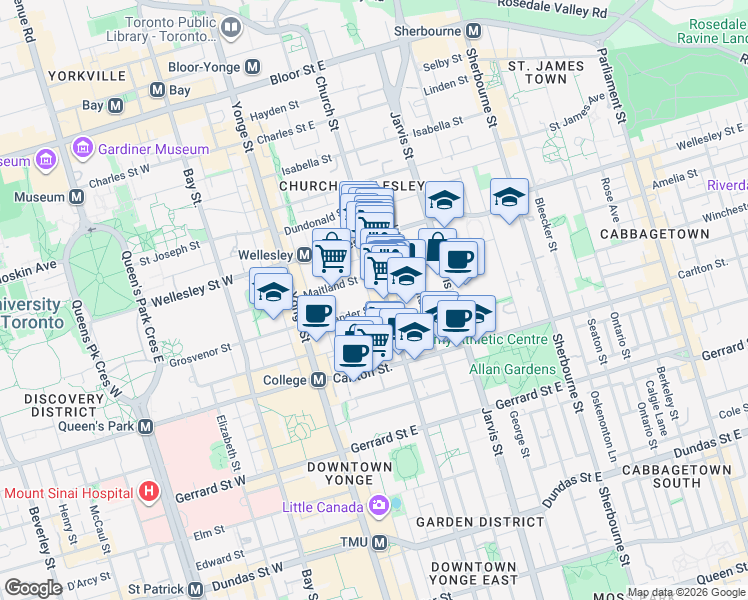 map of restaurants, bars, coffee shops, grocery stores, and more near 70 Alexander Street in Toronto