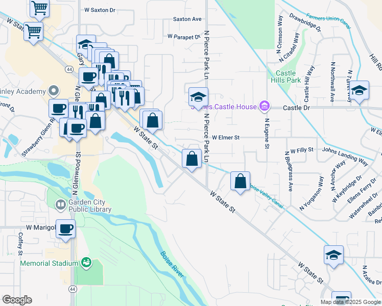 map of restaurants, bars, coffee shops, grocery stores, and more near 6474 West Lucky Lane in Boise