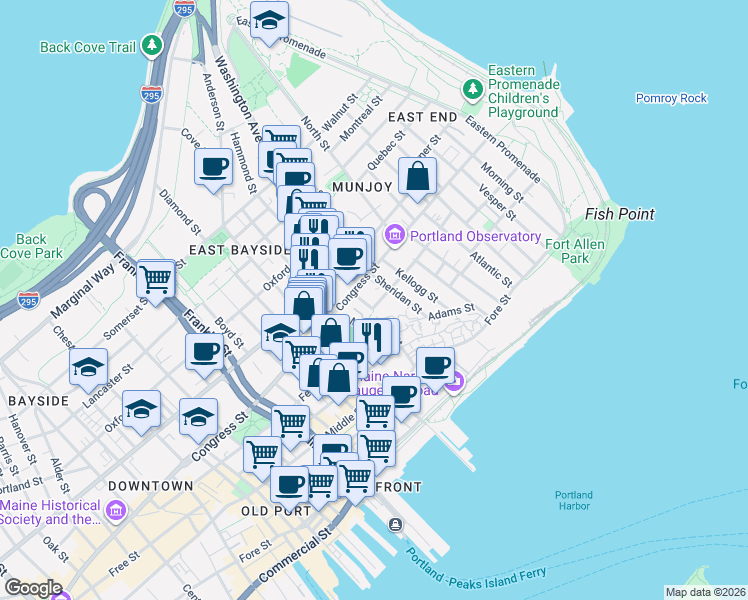 map of restaurants, bars, coffee shops, grocery stores, and more near 4 Ponce Street in Portland