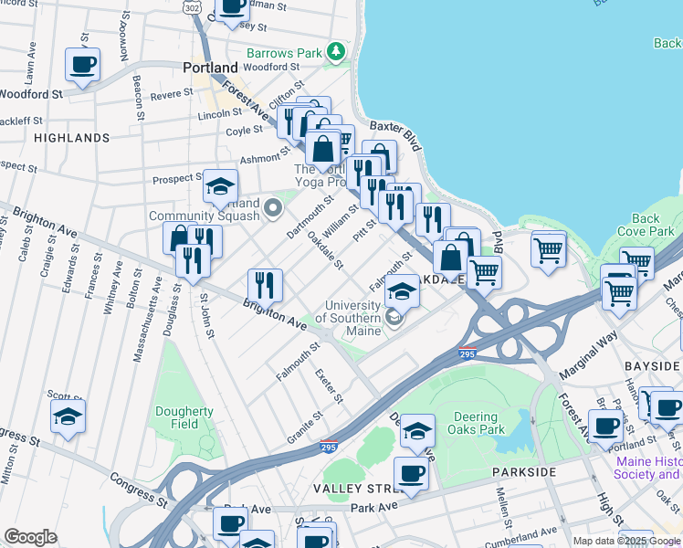 map of restaurants, bars, coffee shops, grocery stores, and more near 70 Fessenden Street in Portland