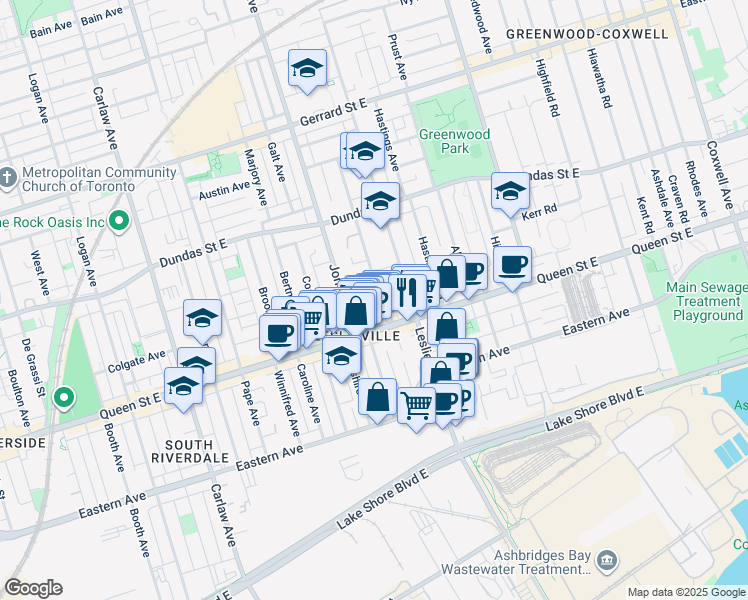 map of restaurants, bars, coffee shops, grocery stores, and more near in Toronto