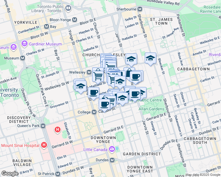 map of restaurants, bars, coffee shops, grocery stores, and more near 70 Alexander Street in Toronto