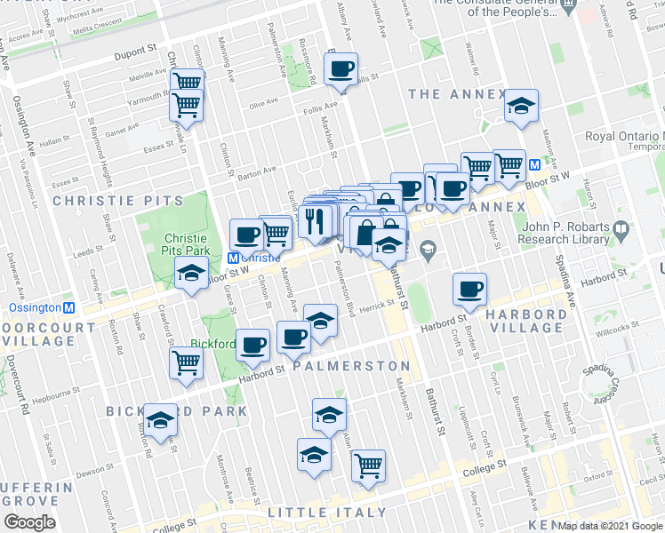 map of restaurants, bars, coffee shops, grocery stores, and more near in Toronto