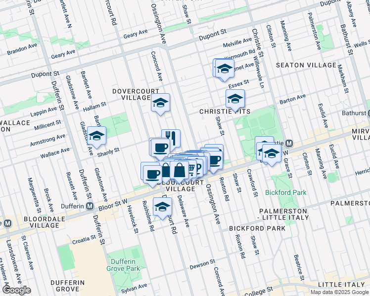 map of restaurants, bars, coffee shops, grocery stores, and more near 350 Concord Avenue in Toronto