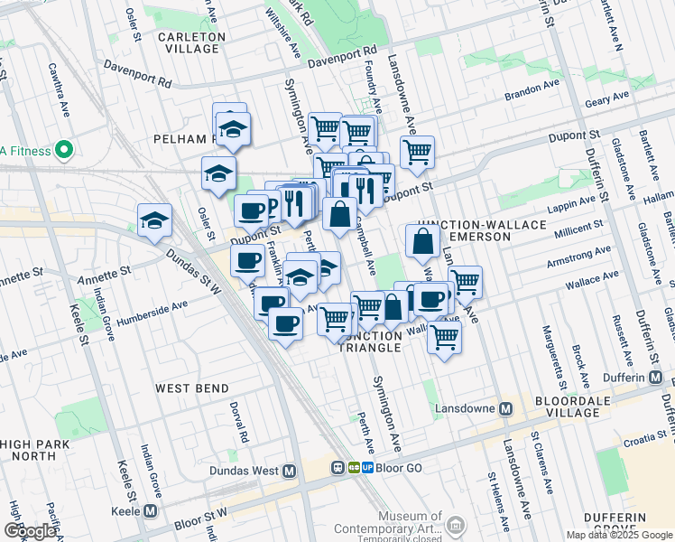 map of restaurants, bars, coffee shops, grocery stores, and more near in Toronto