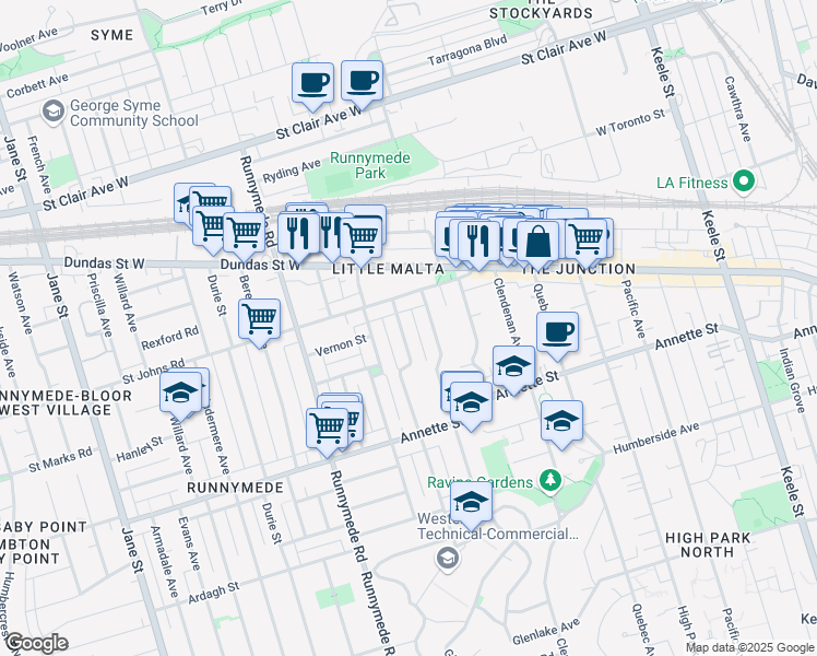 map of restaurants, bars, coffee shops, grocery stores, and more near in Toronto