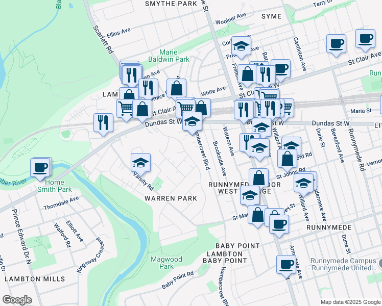 map of restaurants, bars, coffee shops, grocery stores, and more near in Toronto