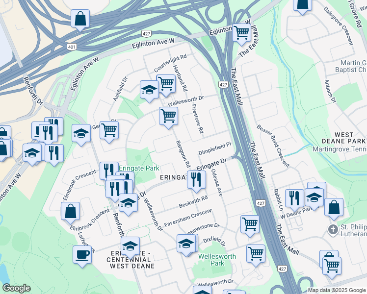 map of restaurants, bars, coffee shops, grocery stores, and more near 44 Hollister Road in Toronto