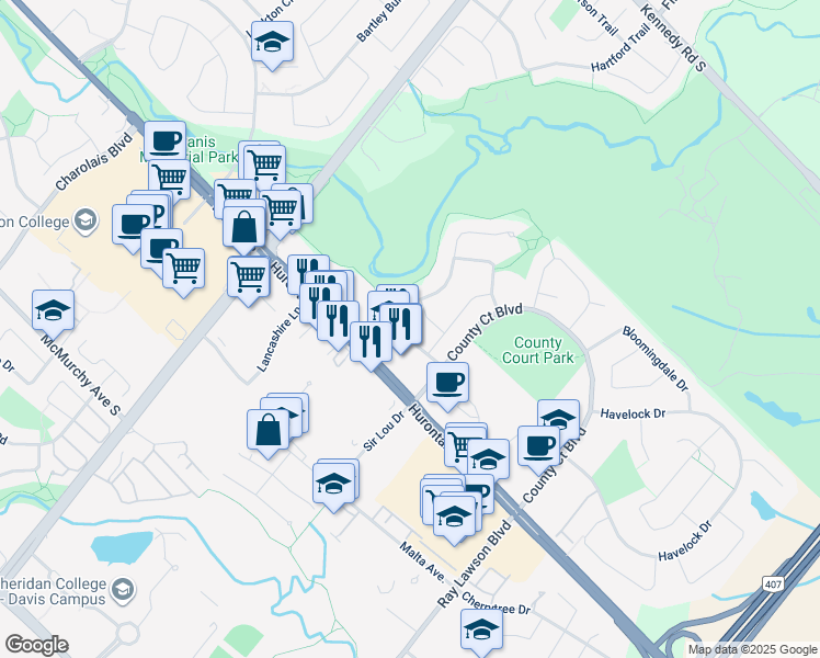 map of restaurants, bars, coffee shops, grocery stores, and more near 2 County Court Boulevard in Brampton